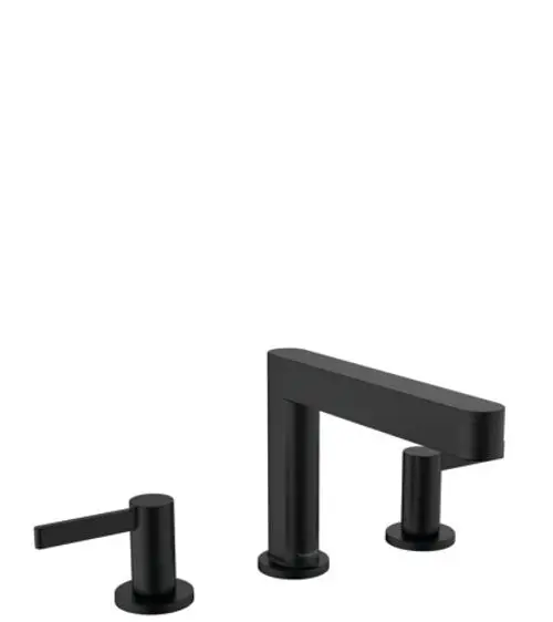 Schwarze 3-Loch Waschtischarmatur von Hansgrohe mit einem langen Auslauf und zwei drehbaren Griffen. Die Armatur hat eine moderne, klare Form und ist mit einer Push-Open Ablaufgarnitur ausgestattet.
